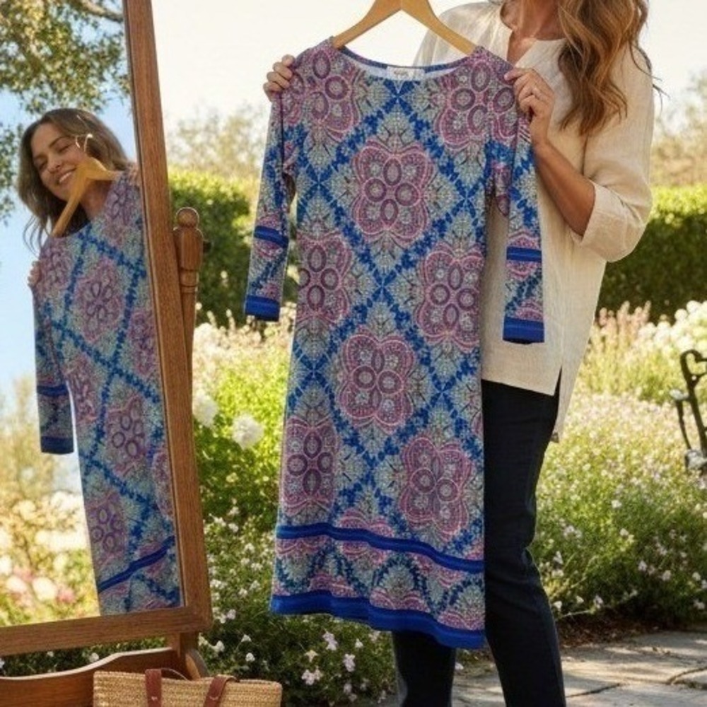 Wisp Colorful‎ Blue Pink Paisley 3/4 Sleeve Shift Mini Dress, Women's Size 2P